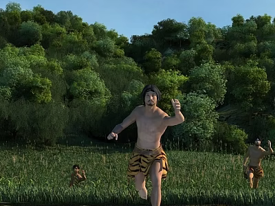 Blue Sky Over Green Meadow With Lush Forest And Primitive People Running In Animal Skin 3d model