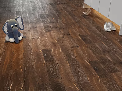 Dark Brown Wooden Flooring with Natural Grain and Elephant Toy in Home Interior 3d model