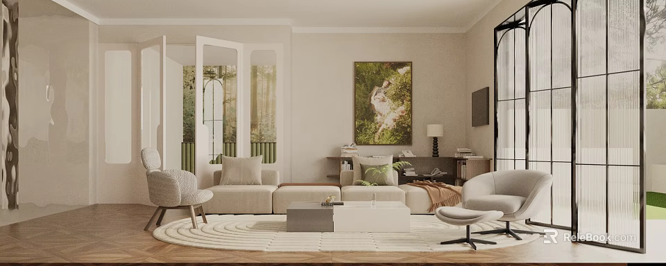 Warm Cream Tone Modern Living Room With Cozy Sectional Sofa And Elegant Wall Art Decor 3d model 