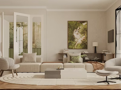Warm Cream Tone Modern Living Room With Cozy Sectional Sofa And Elegant Wall Art Decor 3d model