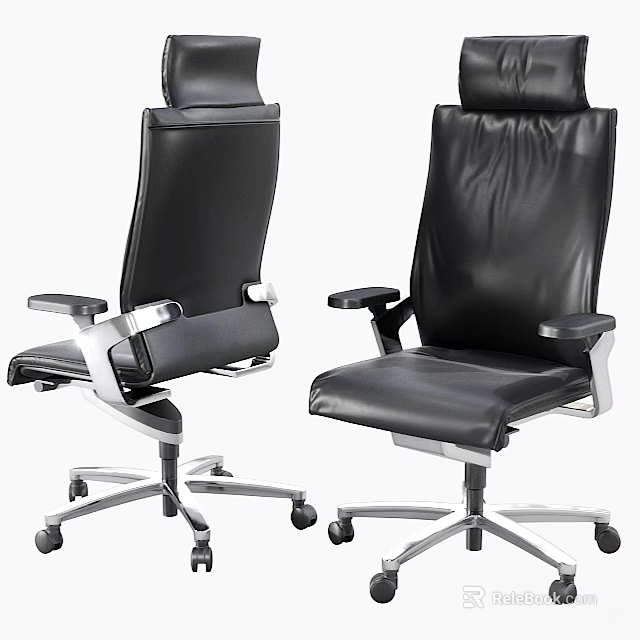 Modern Office Desk And Chair Set With Black Leather Seats And Silver Metal Wheels 3d model 