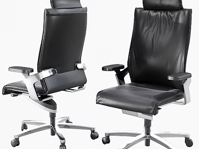 Modern Office Desk And Chair Set With Black Leather Seats And Silver Metal Wheels 3d model