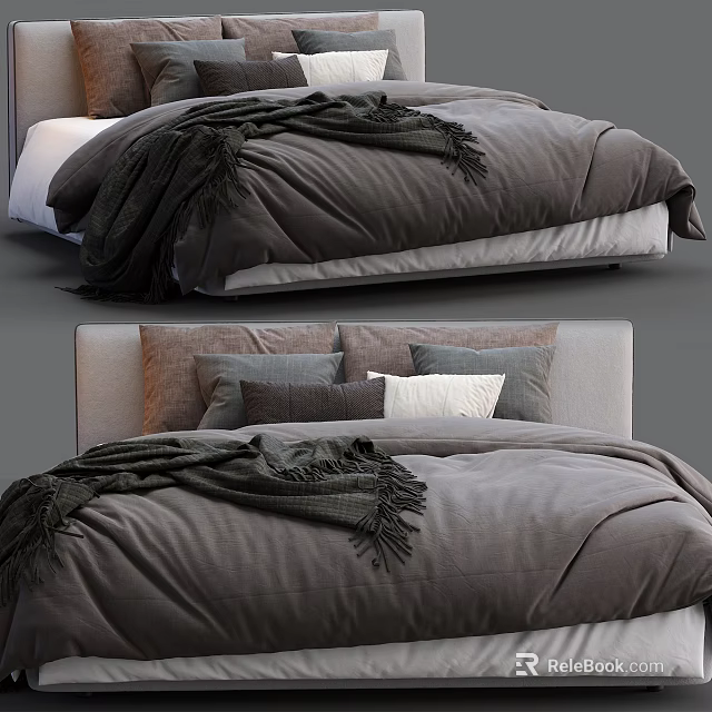 Modern Double Bed With Gray Comforter Multiple Pillows And Soft Blanket 3d model 