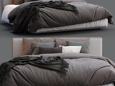Modern Double Bed With Gray Comforter Multiple Pillows And Soft Blanket 3d model