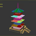 Traditional Multi Tiered Pagoda Architecture With Red Framework Gray Roof And Golden Spire