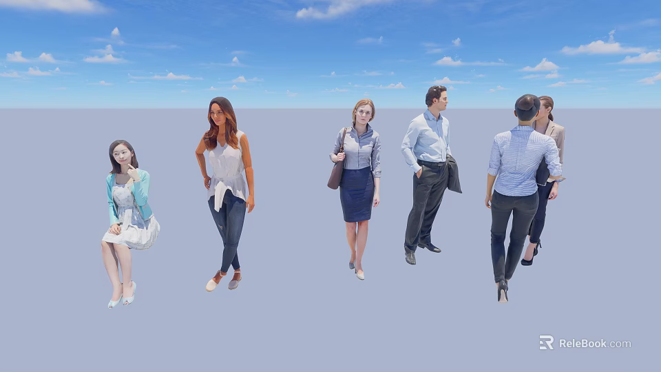 Group of Diverse People in Various Poses Against Blue Sky and Gray Ground 3d model 