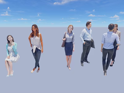 Group of Diverse People in Various Poses Against Blue Sky and Gray Ground 3d model