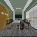 Modern Conference Room with Yellow Green Walls Company Sign Meeting Table Chairs Laptop Large Screen