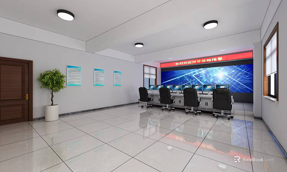 Modern Monitoring Room With Large Monitoring Screens Control Desks Chairs And Bulletin Boards 3d model 