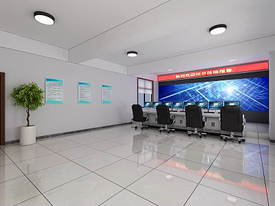 Modern Monitoring Room With Large Monitoring Screens Control Desks Chairs And Bulletin Boards 3d model