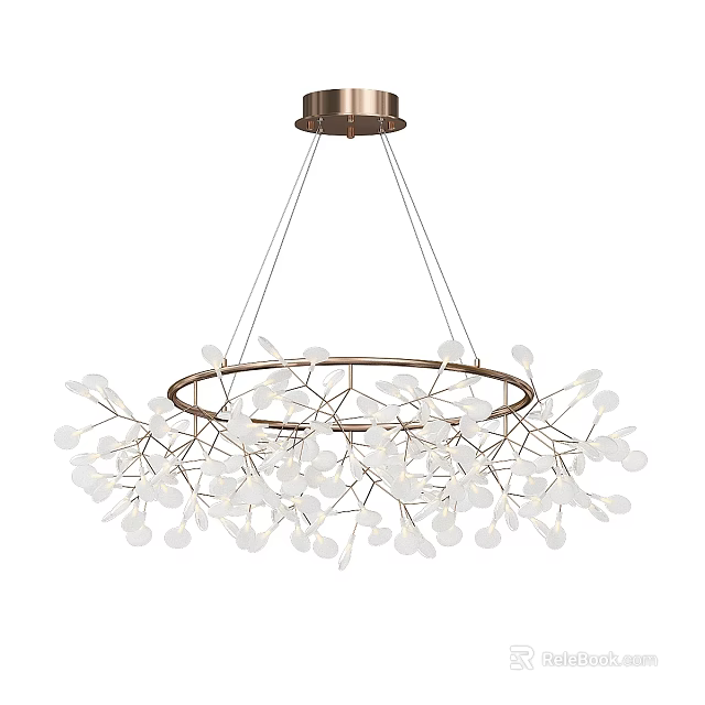 Modern Copper Chandelier with Branched Design White Spherical Elements and Circular Frame 3d model
