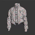 Pink Cropped Puffer Jacket with Colorful Mushroom and Leaf Patterns and Heart Decoration