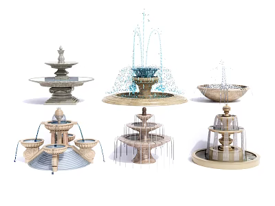 Various Decorative Stone Fountains with Multiple Tiered Designs and Water Features 3d model