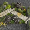 Garden Stepping Stones With Mossy Rocks Green Plants And Yellow Fallen Leaves On Gray Gravel