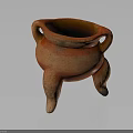 Traditional Three Legged Ceramic Pottery With Two Handles And Red Brown Stripes