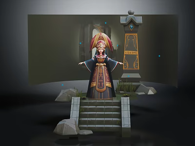 Fantasy Character In Ornate Traditional Robe With Mythical Creature Near Stone Steps And Ancient Tablet 3d model