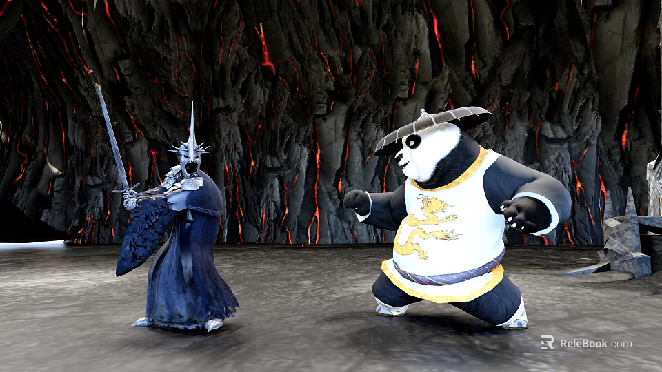 Game Movie Characters Wizard With Sword And Panda Warrior In Lava Rock Background 3d model 