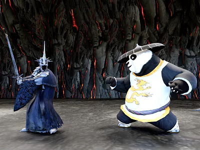 Game Movie Characters Wizard With Sword And Panda Warrior In Lava Rock Background 3d model
