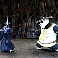 Game Movie Characters Wizard With Sword And Panda Warrior In Lava Rock Background