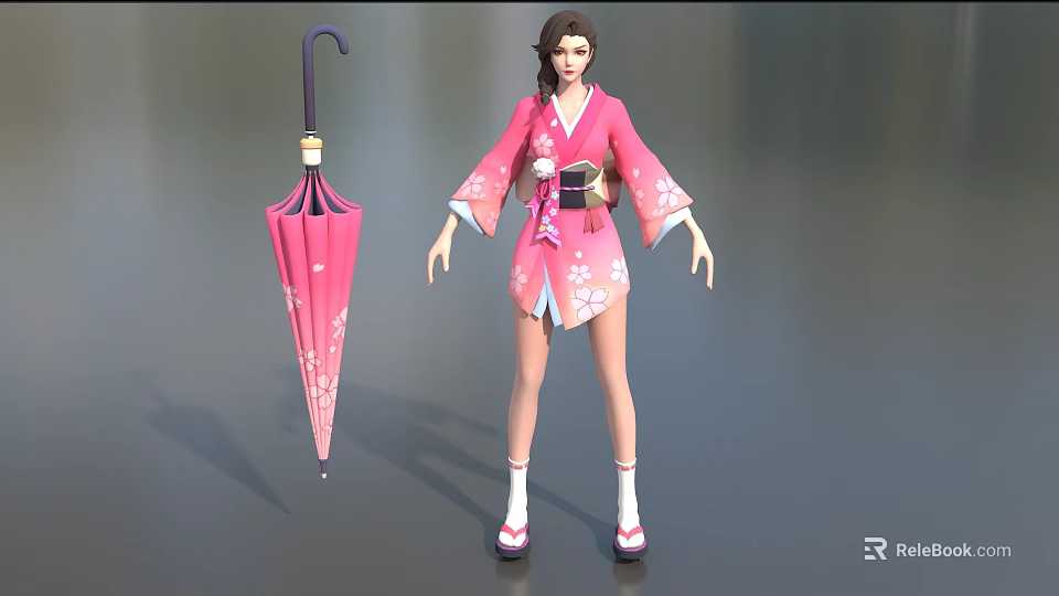 Anime Style Game Movie Character In Pink Cherry Blossom Kimono With Pink Umbrella 3d model 