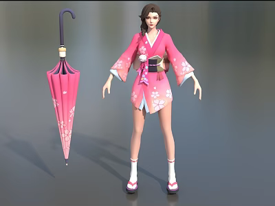 Anime Style Game Movie Character In Pink Cherry Blossom Kimono With Pink Umbrella 3d model