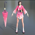 Anime Style Game Movie Character In Pink Cherry Blossom Kimono With Pink Umbrella