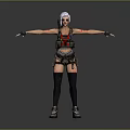 Woman With White Short Hair In Tactical Vest Red Black Outfit Standing Arms Outstretched