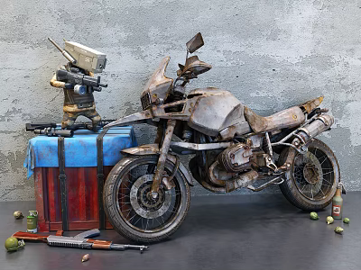 Rusted Vintage Motorcycle With Blue Red Crates Boots Gun And Limes Against Gray Wall 3d model