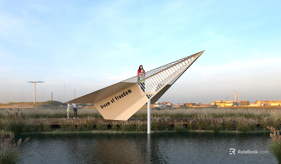 Unique Triangular Viewing Platform With Bank of Hangzhou Signage Over Waterfront Grassland 3d model 