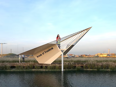 Unique Triangular Viewing Platform With Bank of Hangzhou Signage Over Waterfront Grassland 3d model