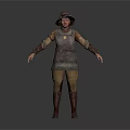Man In Historical Costume With Decorated Vest Hat Brown Pants And Leather Boots Arms Outstretched