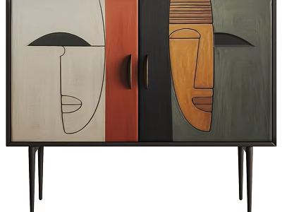 Modern Abstract Face Painting Chest Of Drawers With Slender Metal Legs For Home Storage Decoration 3d model