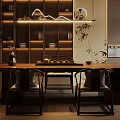 Modern Chinese Style Tea Room Interior With Wooden Furniture And Plants