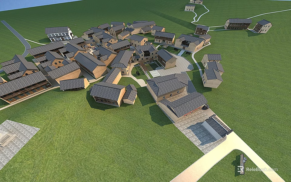 Traditional Village Scenery With Dark Roof Houses And Lush Green Grassland Paths 3d model 