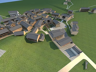 Traditional Village Scenery With Dark Roof Houses And Lush Green Grassland Paths 3d model