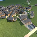 Traditional Village Scenery With Dark Roof Houses And Lush Green Grassland Paths