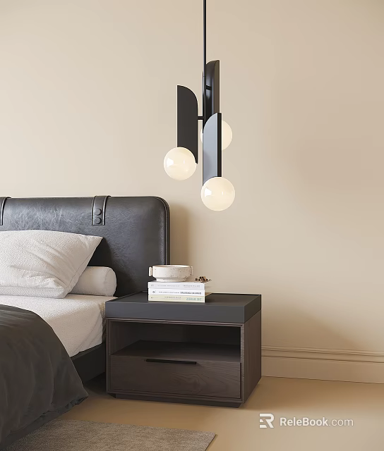 Modern Nightstand Beside Bed with Black Headboard Books Cup and Lamp with Two Globe Bulbs 3d model 