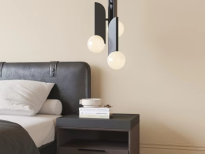 Modern Nightstand Beside Bed with Black Headboard Books Cup and Lamp with Two Globe Bulbs 3d model