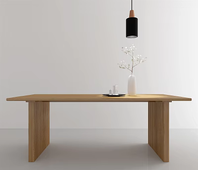 Modern Wooden Dining Table With Black Pendant Light And White Flower Vase 3d model
