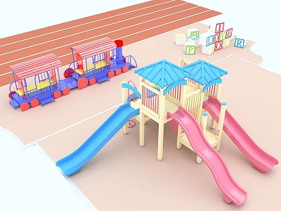 Colorful Children's Playground Equipment with Blue Pink Slides Train and ABC Blocks 3d model