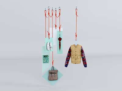 Stylish Hanging Clothes Display With Beige Vest Patterned Sleeves Shoes And Bag 3d model
