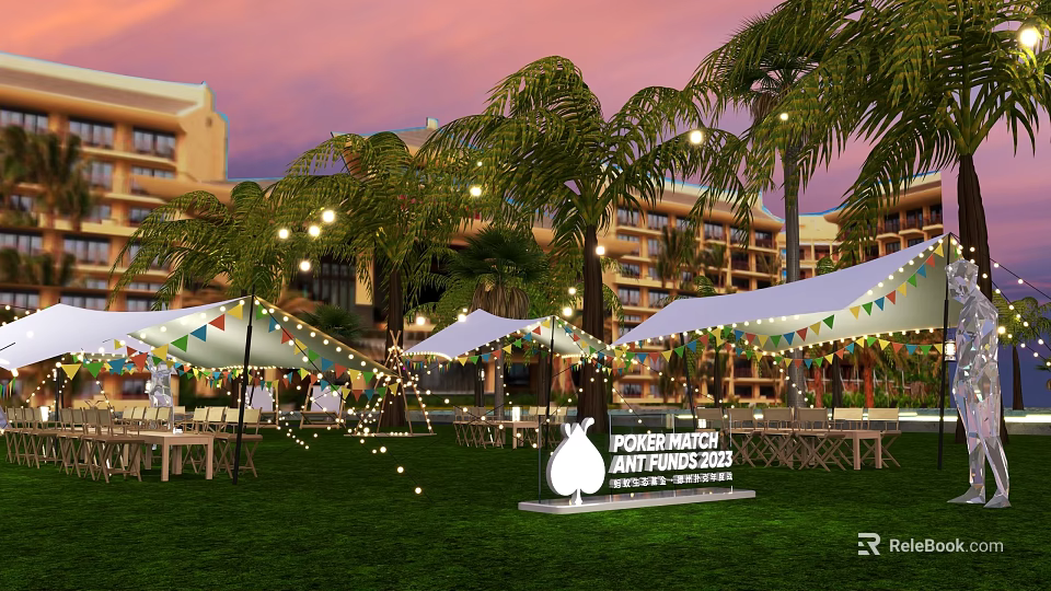 Garden Landscape With Sunset Palm Trees Tents String Lights And Bunting Flags On Grass Lawn 3d model 