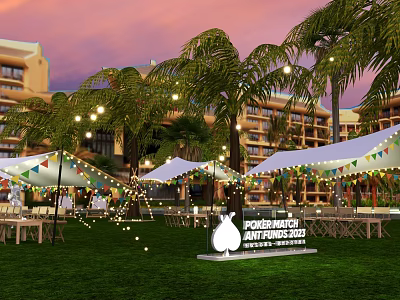 Garden Landscape With Sunset Palm Trees Tents String Lights And Bunting Flags On Grass Lawn 3d model
