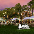Garden Landscape With Sunset Palm Trees Tents String Lights And Bunting Flags On Grass Lawn