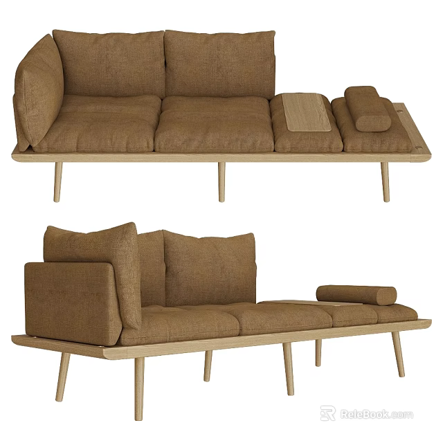 Brown Linen Three Seater Sofa With Wooden Legs And Minimalist Design 3d model 