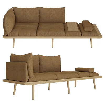 Brown Linen Three Seater Sofa With Wooden Legs And Minimalist Design 3d model