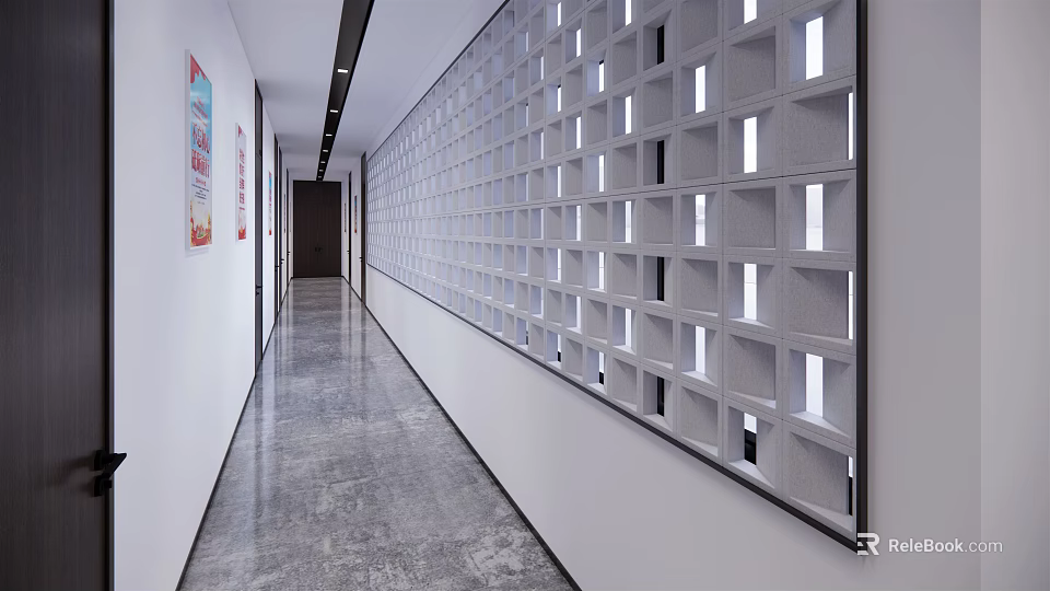 Modern Office Hallway Interior Design With White Grid Wall Gray Floor And Recessed Lighting 3d model 