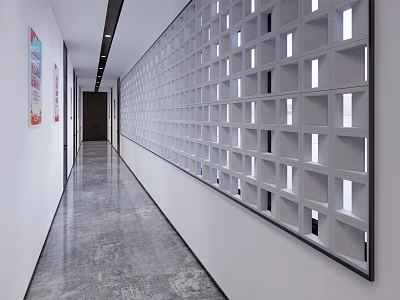 Modern Office Hallway Interior Design With White Grid Wall Gray Floor And Recessed Lighting 3d model