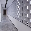 Modern Office Hallway Interior Design With White Grid Wall Gray Floor And Recessed Lighting