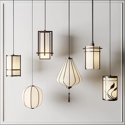 Various Stylish Pendant Lights With Geometric Frames Striped Shades And Decorative Details 3d model